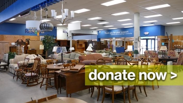 A donate now banner over an image of the ReStore.