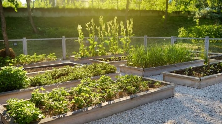 Several DIY garden boxes with green plants