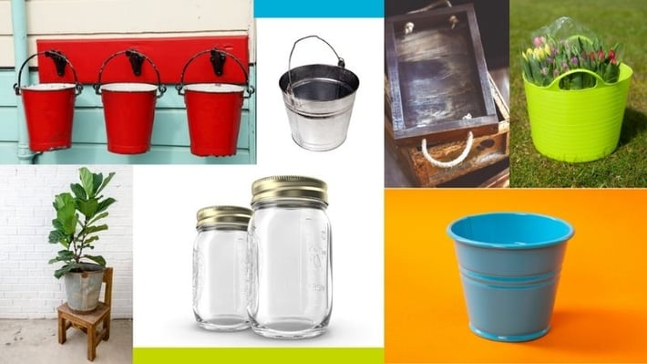 A variety of small buckets, pails, mason jars, and trays
