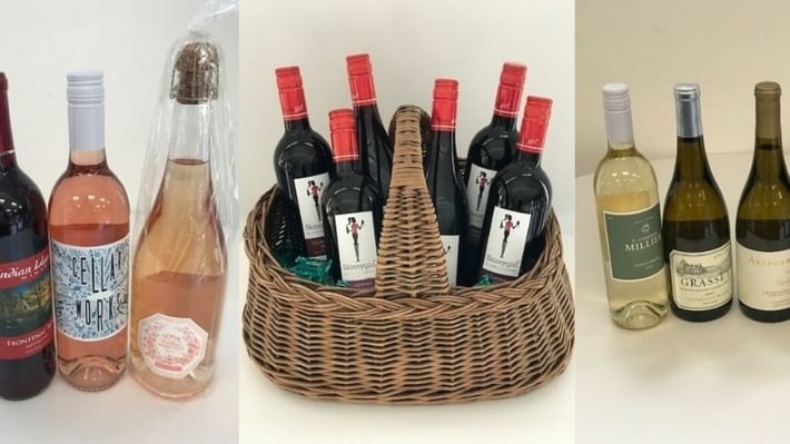 Bottles of wine in gift baskets