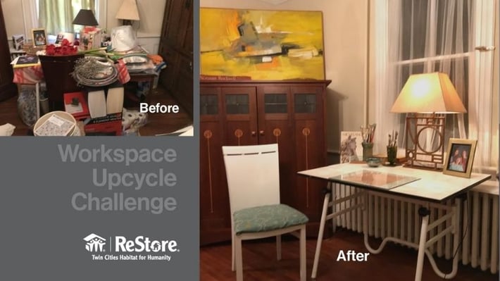 Before and after of winner's space in Workspace Upcycle Challenge.