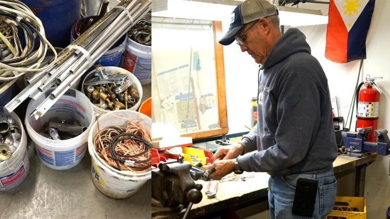 Volunteer Chuck working on metal recycling.