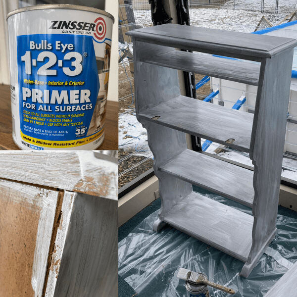 A can of primer and the primed desk shelves.