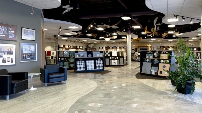 The inside of the Tile X Design showroom, with plants and