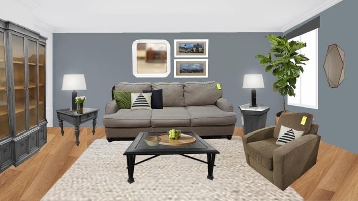 Living room with new gray paint, wood-look laminate flooring, plants, cushions, and furniture painted to match.