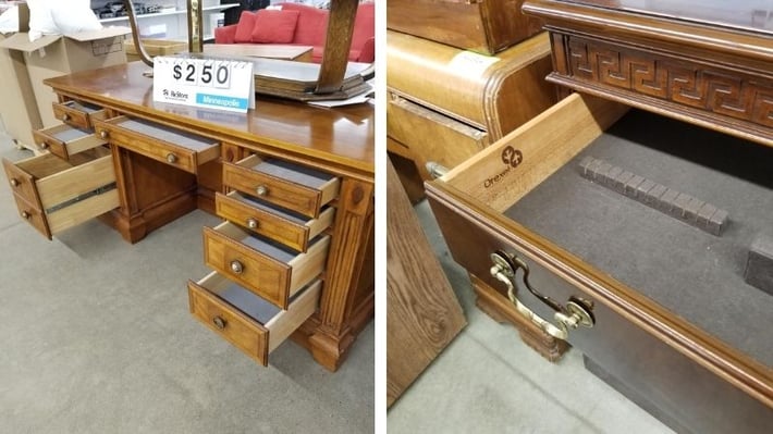 Desks with open drawers at ReStore.