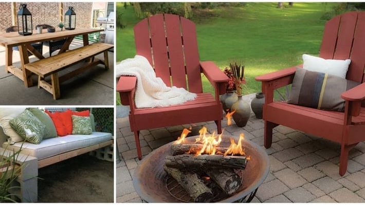 Adirondack chairs, wood table, cinder block bench.