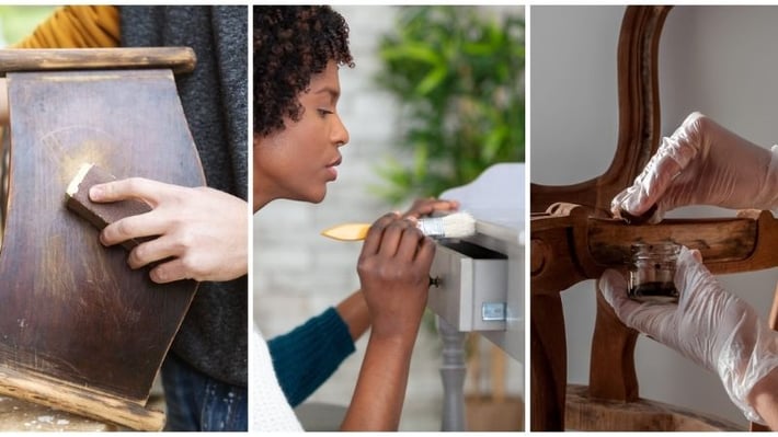 Sanding, staining, and painting wood furniture.