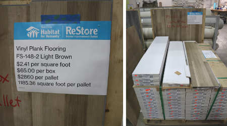 Boxes of flooring and a sign with pricing.