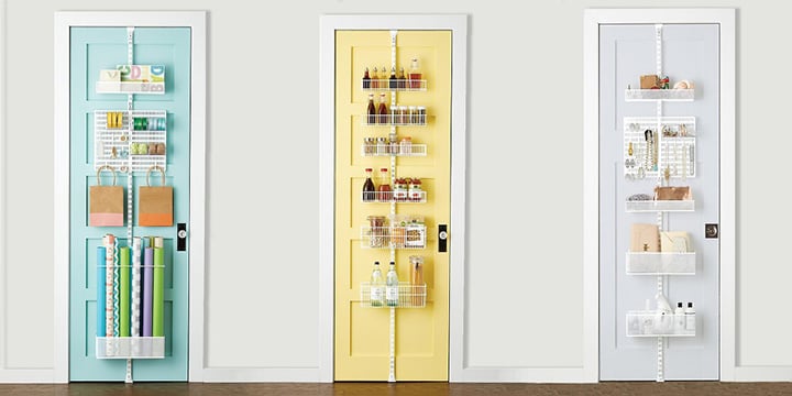 Three pastel-colored doors, each with storage racks and shelves.