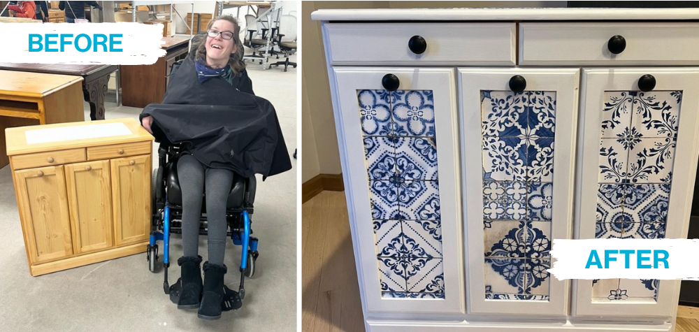 Before photo: Elle smiling next to a simple wooden cabinet. After photo: cabinet painted white with blue and white patterned tile on the door panels.