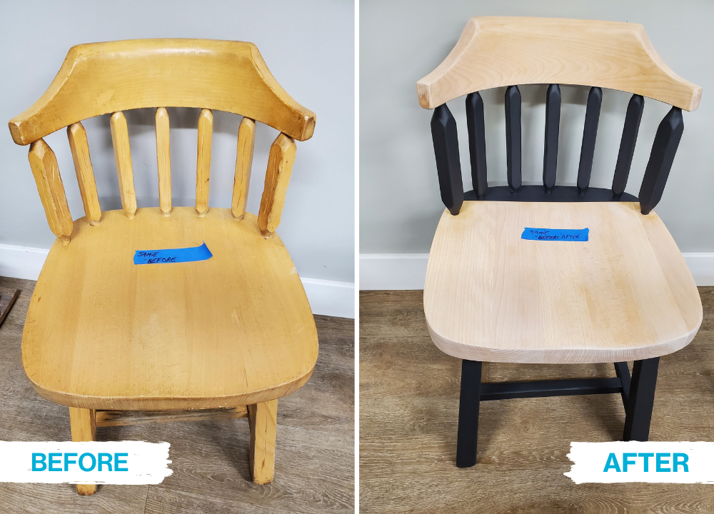 Before photo: plain wooden dining chair. After photo: refinished dining chair with accents painted black.