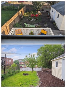 Before and after images of Melissa's yard with the new wood fence.