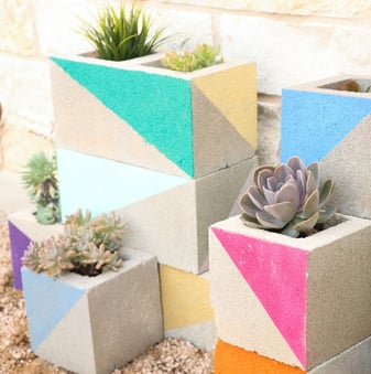 Painted cinder blocks with succulents planted in them.