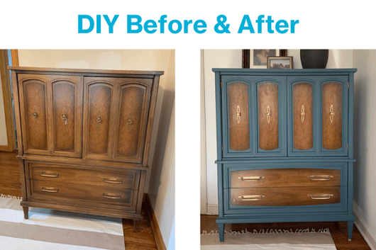 Brown dresser before and after it's refinished with blue trim and gold hardware