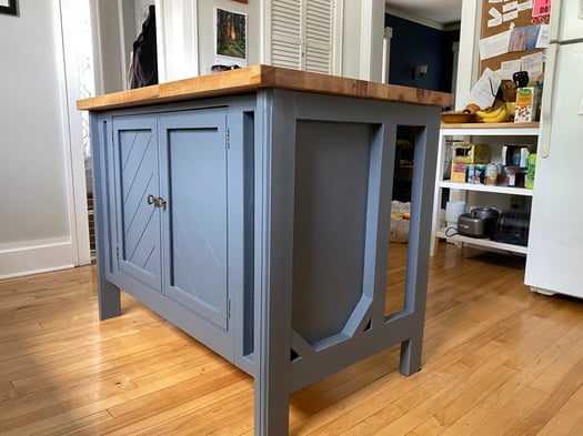 Blue cabinet with butcher block top - kitchen island