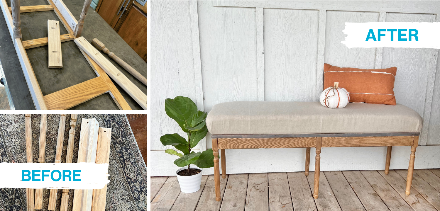 bench with orange pillow and decorative pumpkin