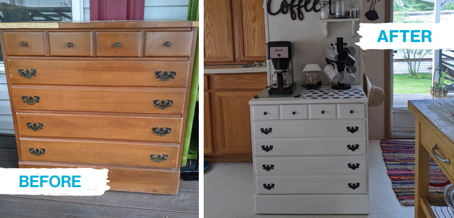 wooden dresser painted white and turned into coffee bar
