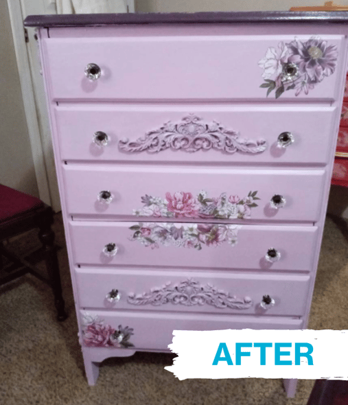 purple dresser with flower decals