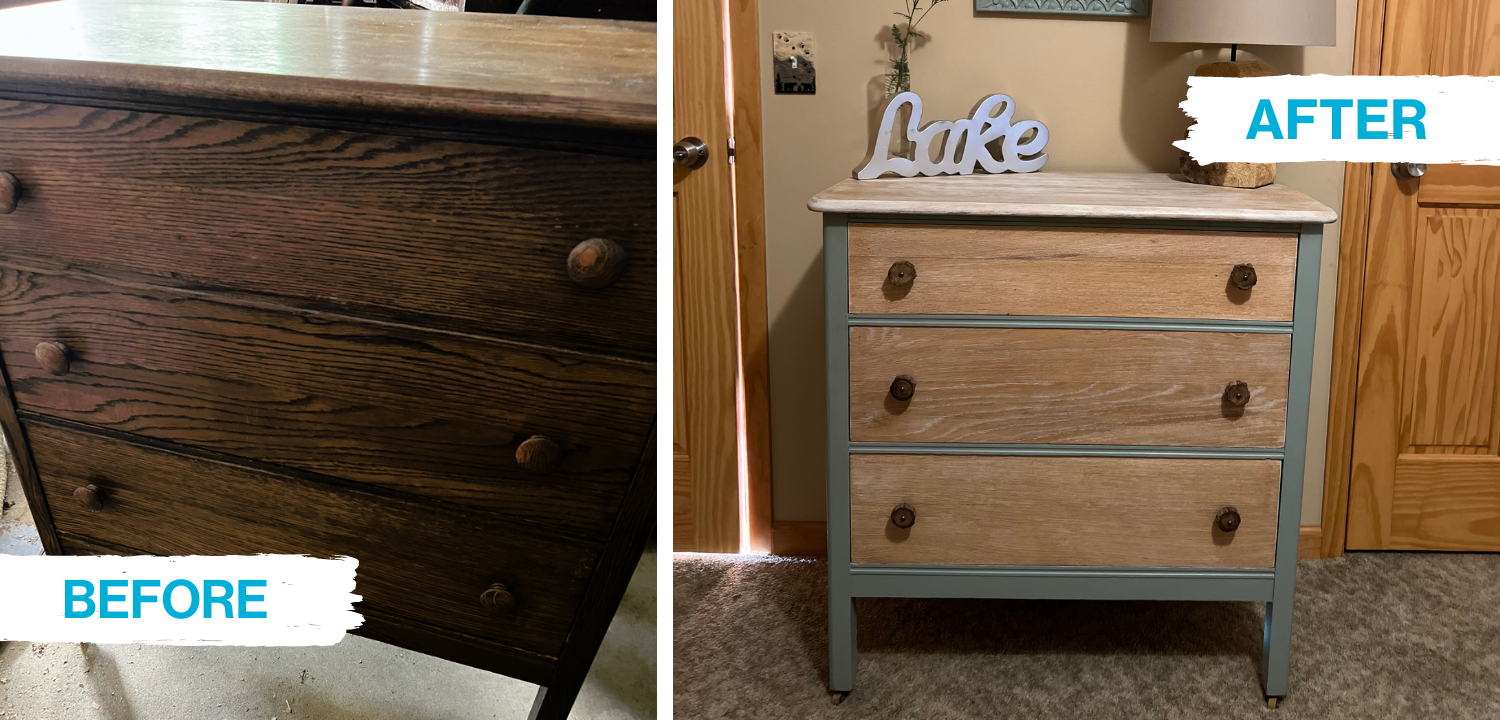 old dresser updated with new stain and paint, plus a lake sign
