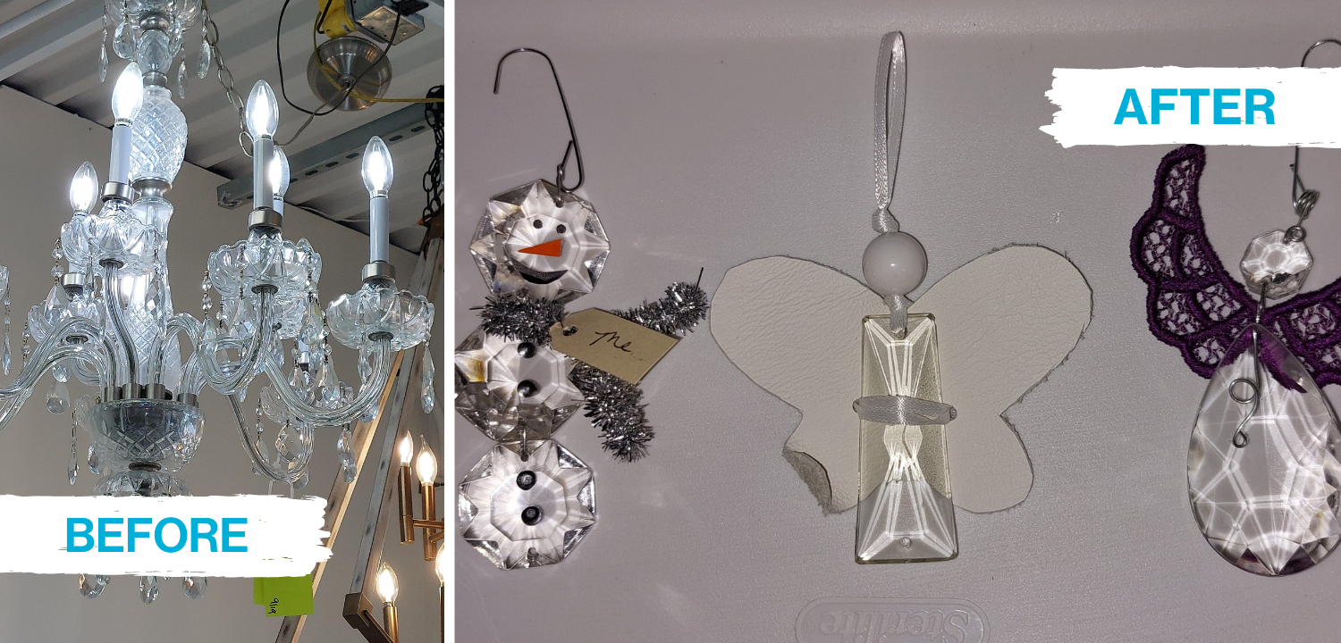 chandelier taken apart and turned into snowman and angel ornaments