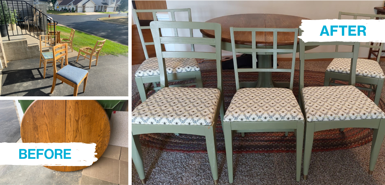 refinished chairs with bumblebee fabric and table