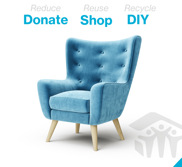 A blue chair with the text "reduce, reuse, recycle" and "donate, shop, DIY".