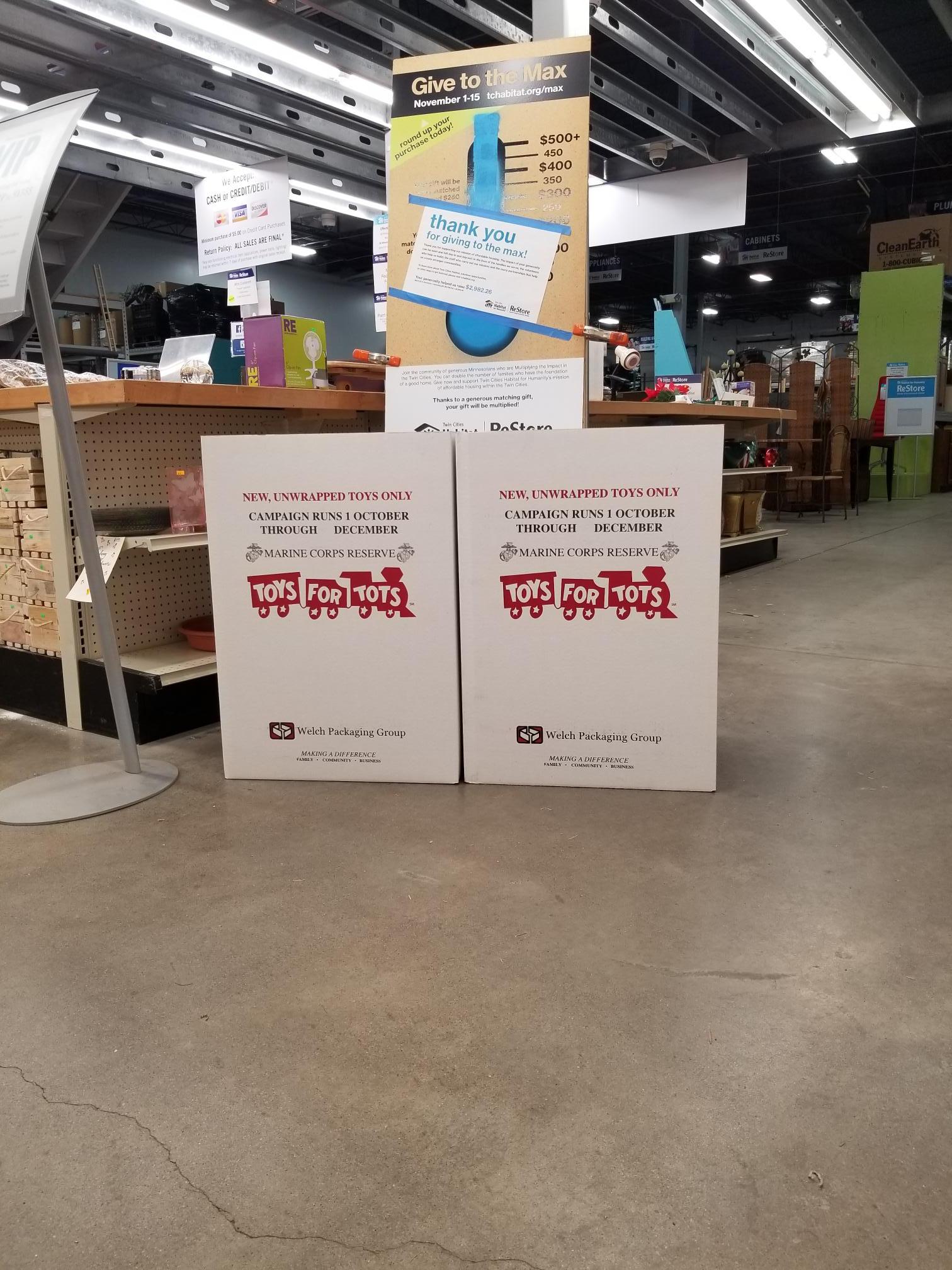 Toys for Tots drop-off boxes at ReStore.