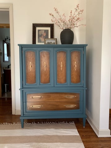 Painted dresser, blue and brown, with new gold handles