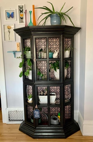 Upcycled black hutch with plants