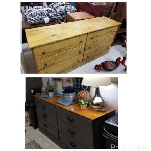 Single before and after photo of brown dresser/table upcycled into a black foyer table