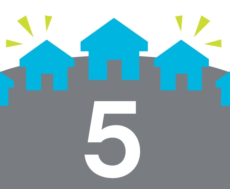 Infographic with the number five and five blue house icons