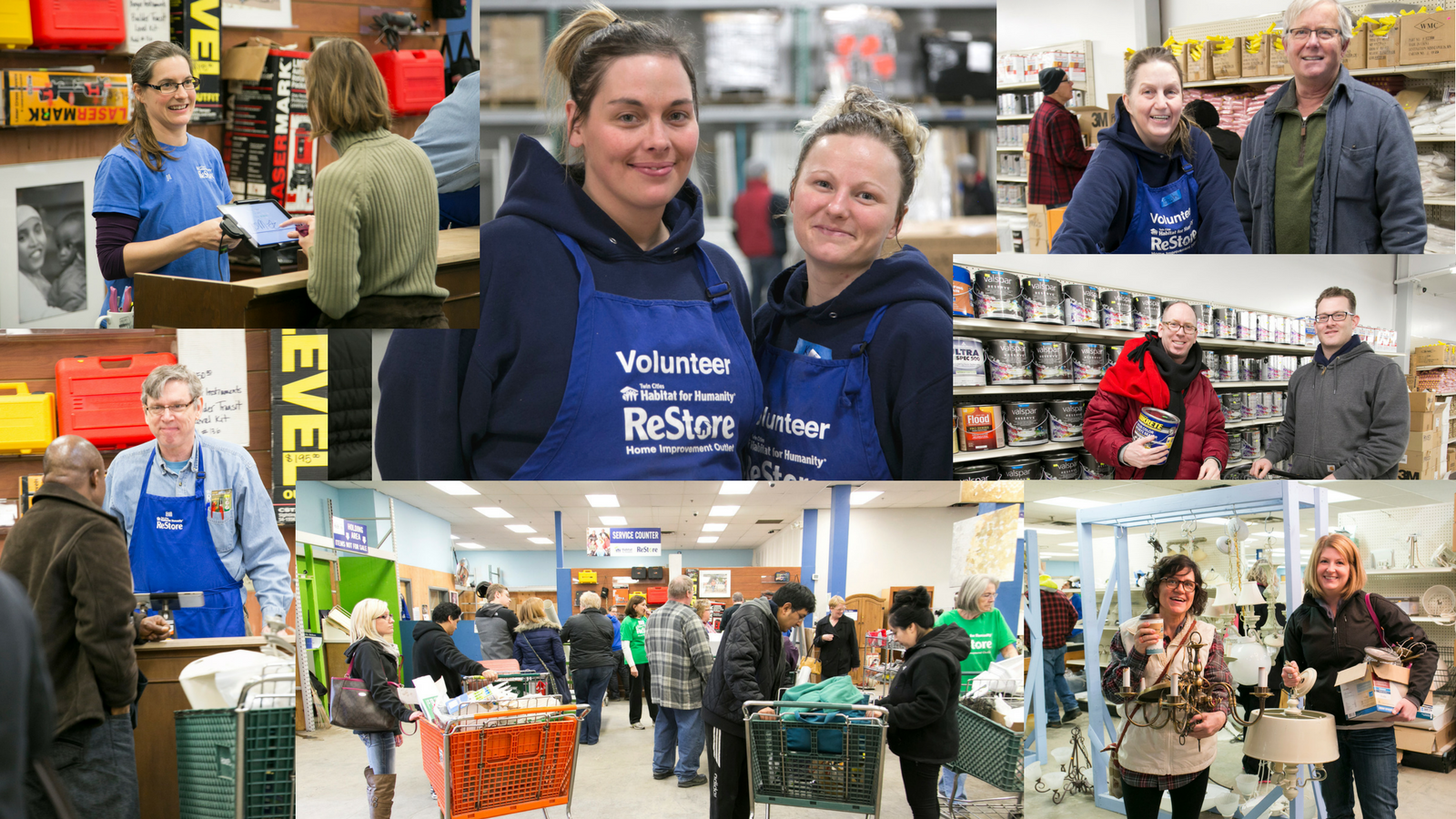 Collage of images showing volunteers, cashiers, and shoppers picking out products