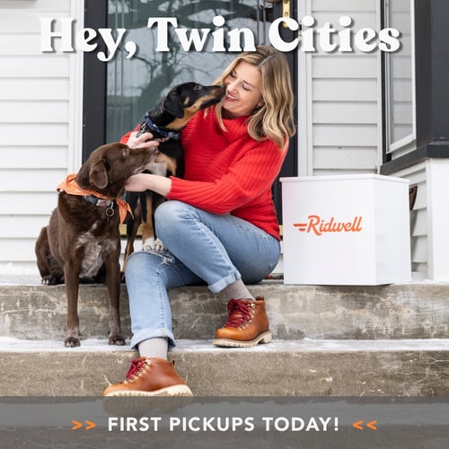 Ridwell welcome message to Minneapolis with a woman and her dog on a front step