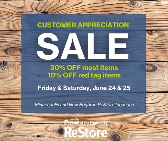 ReStore sale graphic with wood background