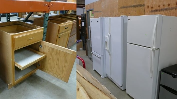 Donated cabinets and appliances.