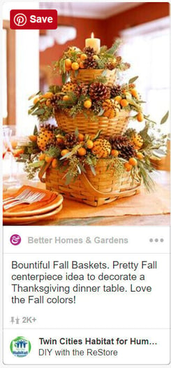 Baskets with fruit and pine cones.