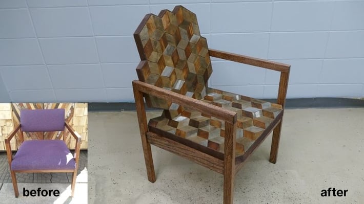 An old purple chair upcycled into a chair with geometric wood patterns.