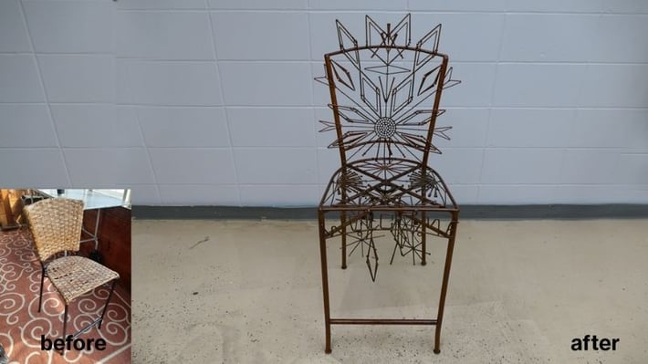 A wicker chair transformed into an artistic chair frame with wire flower and sun designs.