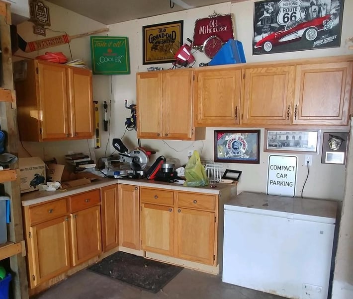 Cabinets in a garage.