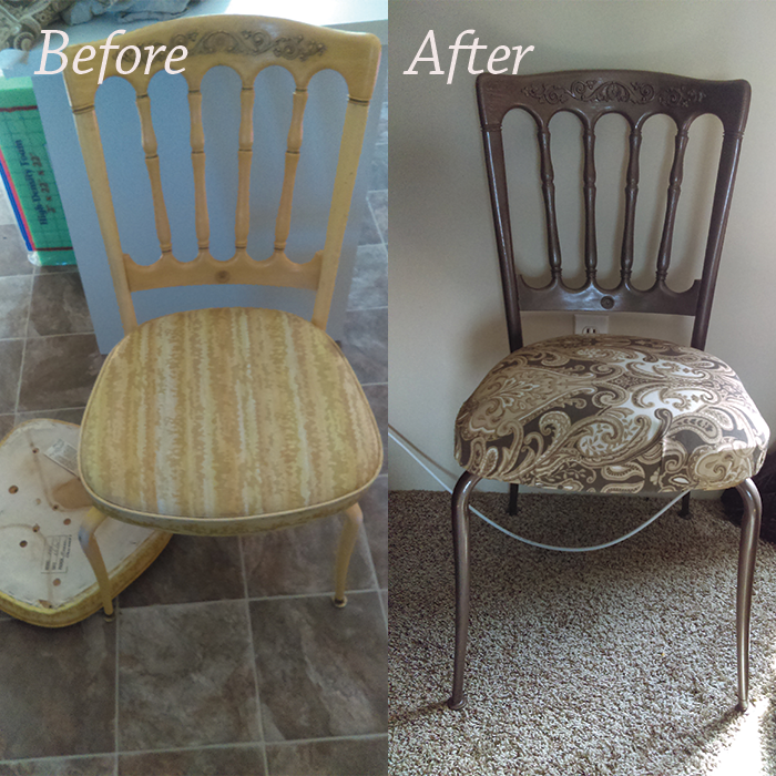 A reupholstered chair, before and after.