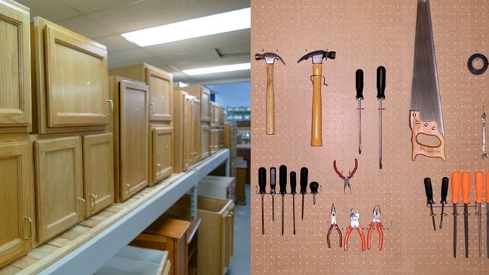 Cabinets, and tools on a pegboard.