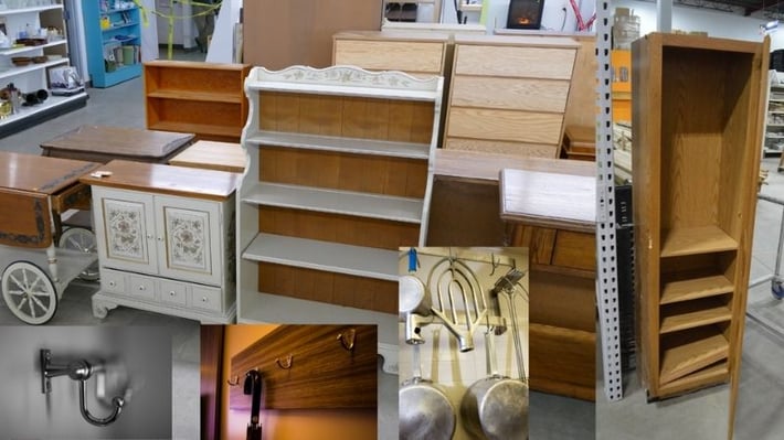 Bookshelves, cupboards, hooks, and other organizational items.