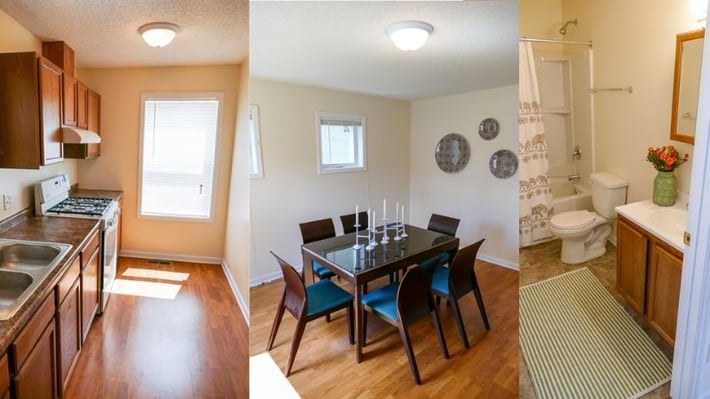 Kitchen, dining room, and bathroom.