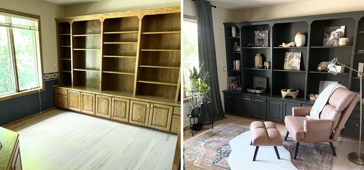 before and after: floor-to-ceiling shelves painted and office redecorated