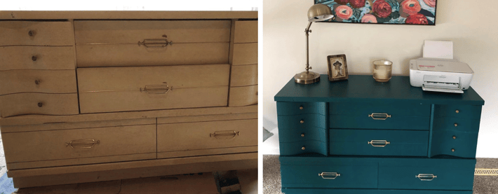 before and after: plain wooden dresser painted vibrant teal