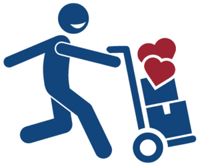 a cartoon human pushing a cart with hearts - donating to the twin cities