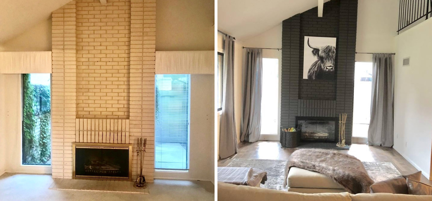 before and after: white brick fireplace painted gray and redecorated