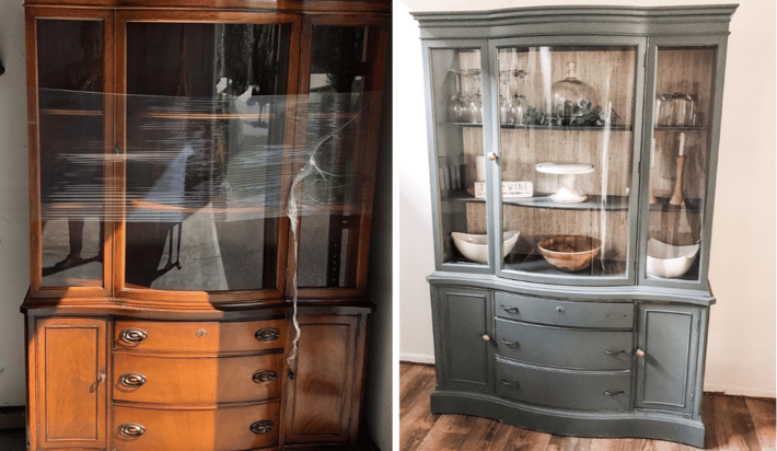 before and after images: before, plain brown hutch; after, a pewter green