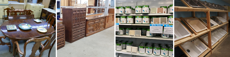 items at ReStore: dining set, paint, sinks, and cabinets